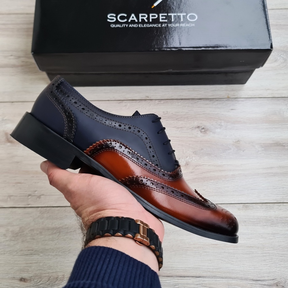 Brown-Navy Wingtip Genuine Leather Oxford Men's Dress Shoes - Picture 3 of 6